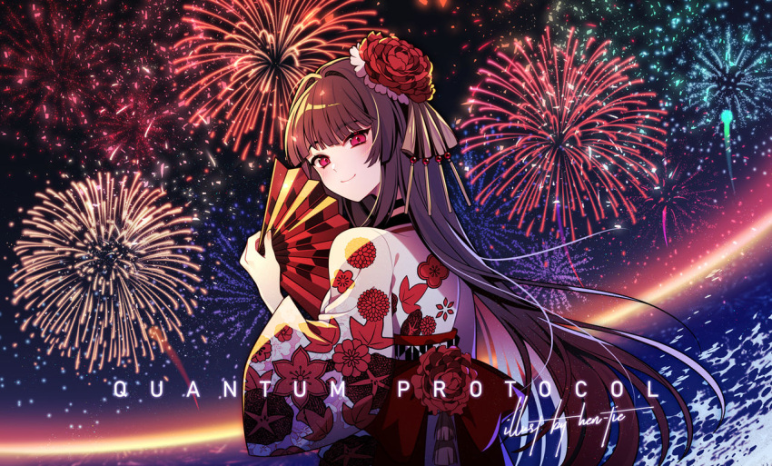 1girl alternate_costume artist_name aurora_(quantum_protocol) back_bow black_choker bow brown_hair choker closed_mouth commentary copyright_name english_commentary english_text eyelashes fireworks floral_print flower folding_fan from_behind hair_flower hair_ornament hand_fan hen-tie holding holding_fan image_sample japanese_clothes kimono light_blush long_hair long_sleeves looking_at_viewer looking_back night night_sky official_art official_wallpaper quantum_protocol red_bow red_eyes red_flower sky smile solo straight_hair upper_body watermark white_kimono wide_sleeves