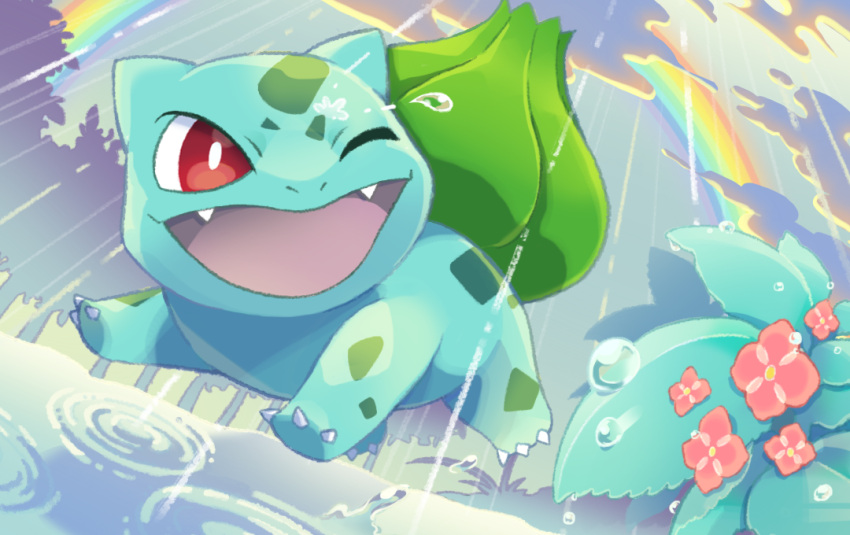 animal_focus bright_pupils bulbasaur bush claws clouds fang flower fujituki no_humans nostrils one_eye_closed open_mouth outdoors pink_flower pokemon pokemon_(creature) puddle rain rainbow red_eyes ripples running solo water_drop white_pupils