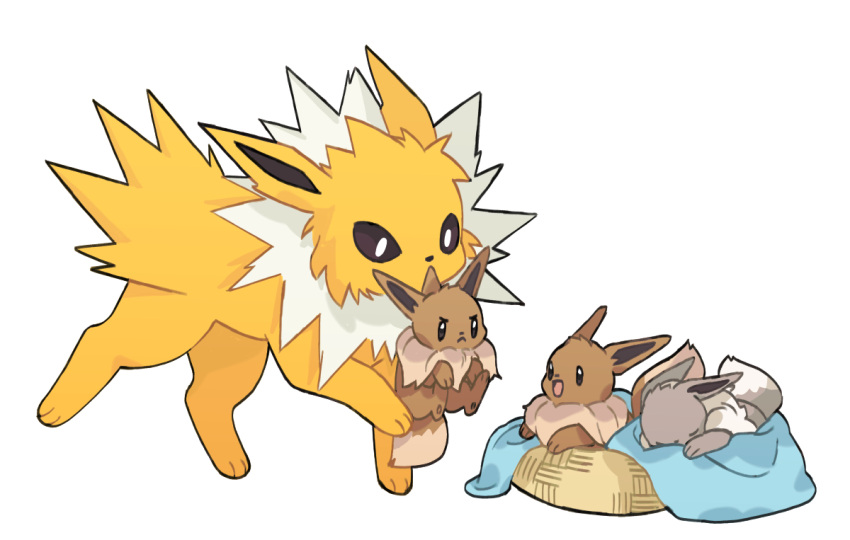 :&lt; :d alternate_color angry black_eyes blanket bright_pupils brown_eyes carrying closed_eyes closed_mouth commentary eevee english_commentary frown jolteon looking_at_another mjoyart mouth_hold no_humans open_mouth pet_bed pokemon pokemon_(creature) shiny_pokemon simple_background sleeping smile v-shaped_eyebrows walking white_background white_pupils