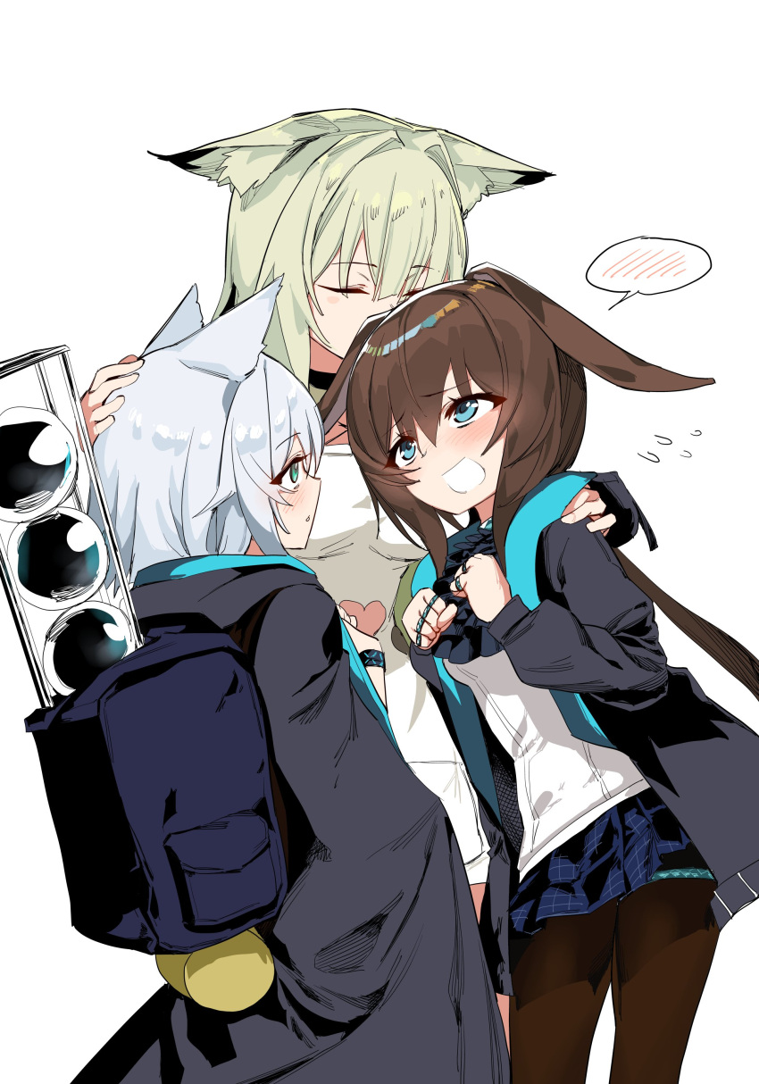 3girls absurdres amiya_(arknights) animal_ear_fluff animal_ears arknights backpack bag black_coat black_pantyhose blue_skirt brown_hair cat_ears cat_girl clenched_hands closed_eyes coat commentary embarrassed flying_sweatdrops green_eyes green_hair grey_hair headpat highres jewelry kal'tsit_(arknights) kinbakuman kissing_hair looking_at_viewer multiple_girls multiple_rings open_mouth pantyhose pleated_skirt rabbit_ears rabbit_girl ring rosmontis_(arknights) shirt short_hair simple_background skirt spoken_blush white_background white_shirt