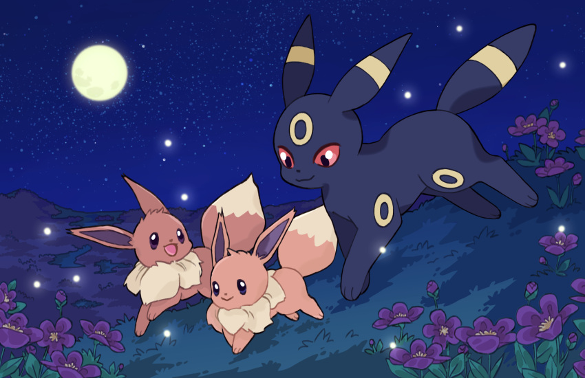 :d brown_eyes closed_mouth commentary eevee english_commentary field flower full_moon grass highres looking_at_another looking_back mjoyart moon night night_sky no_humans open_mouth outdoors pokemon pokemon_(creature) purple_flower red_eyes running sky smile star_(sky) starry_sky umbreon