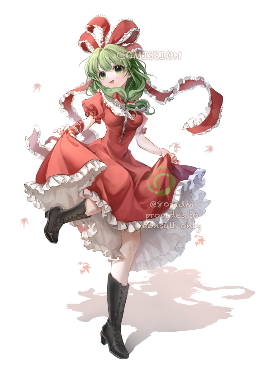 1girl 80isiiii absurdres black_footwear blush boots bow dress frilled_bow frilled_dress frilled_ribbon frilled_sleeves frills front_ponytail full_body green_eyes green_hair hair_bow hair_ribbon highres kagiyama_hina long_hair open_mouth puffy_short_sleeves puffy_sleeves red_bow red_dress red_ribbon ribbon short_sleeves simple_background smile solo touhou white_background