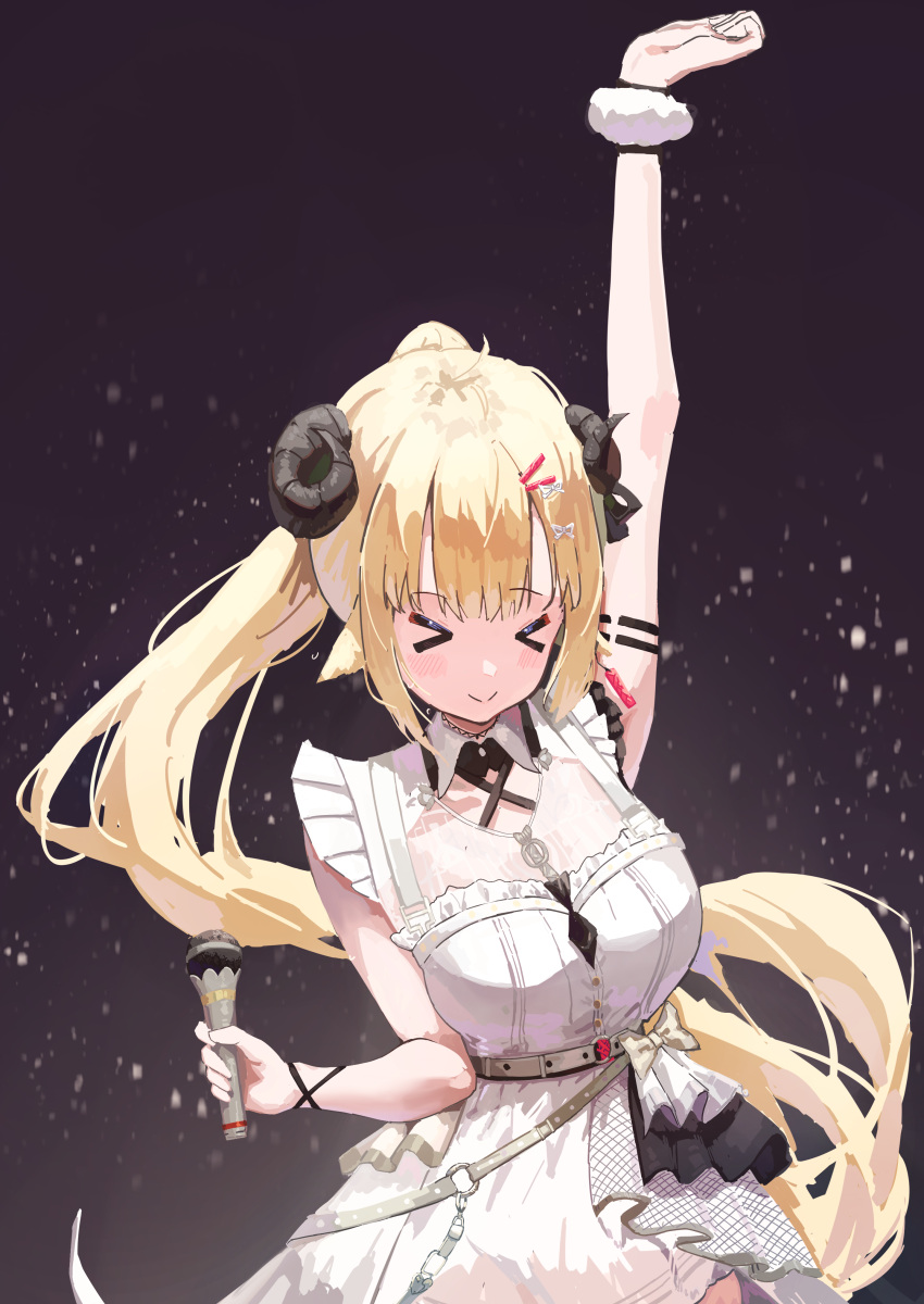 &gt;_&lt; 1girl absurdres animal_ears arm_up belt bizarre_(bizarre64637036) blonde_hair blush collar detached_collar dress hair_ornament hairpin highres holding holding_microphone hololive horns long_hair looking_at_viewer microphone official_alternate_costume ponytail sheep_ears sheep_girl sheep_horns smile solo tsunomaki_watame tsunomaki_watame_(watame_night_fever!!) violet_eyes virtual_youtuber white_belt white_collar white_dress