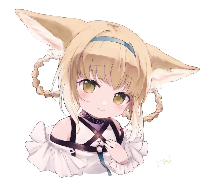 1girl animal_ears arknights artist_name bare_shoulders black_collar blonde_hair blue_hairband blush braid clothing_cutout collar commentary_request cropped_shoulders dress fox_ears fox_girl hairband hand_up highres infection_monitor_(arknights) looking_at_viewer oripathy_lesion_(arknights) ramel revision shoulder_cutout simple_background smile solo suzuran_(arknights) twin_braids white_background white_dress yellow_eyes