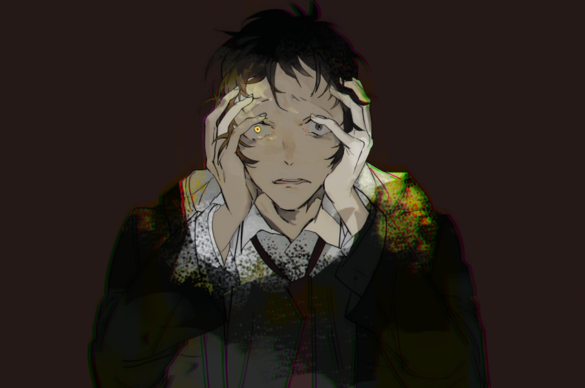 1boy adachi_tooru black_hair brown_background coat collared_shirt commentary constricted_pupils english_commentary frown grey_eyes hands_on_own_head hands_up heterochromia kaninn long_sleeves looking_at_viewer male_focus necktie open_mouth persona persona_4 red_necktie scared shirt short_hair solo upper_body white_shirt wide-eyed yellow_coat yellow_eyes