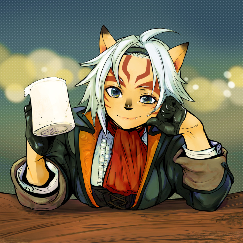 1girl 2023 adventurer_(ff11) ahoge animal_ears animal_nose aqua_hairband aqua_jacket ascot black_gloves blue_eyes cat_ears cat_girl center_frills closed_mouth cup dated doraeshi facial_mark final_fantasy final_fantasy_xi frills gloves hairband highres holding holding_cup jacket looking_at_viewer mithra_(ff11) mug red_ascot shirt short_hair smile solo uneven_eyes whisker_markings white_hair white_shirt