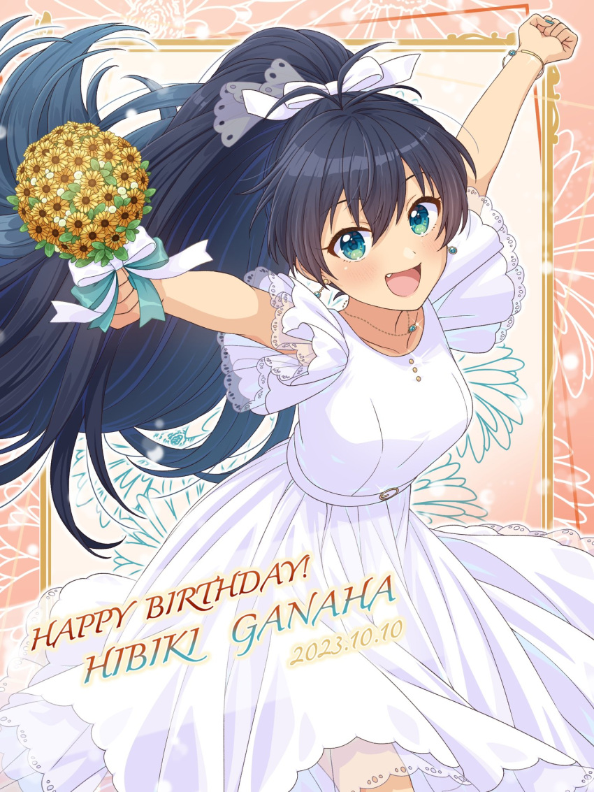 1girl :d \o/ antenna_hair aqua_eyes aqua_nails arms_up black_hair bouquet collarbone commentary_request dated dress earrings eyelashes fang ganaha_hibiki hair_ribbon happy happy_birthday high_ponytail highres holding holding_bouquet idolmaster idolmaster_(classic) idolmaster_million_live! idolmaster_million_live!_theater_days jewelry lace-trimmed_dress lace-trimmed_sleeves lace_trim light_blush long_hair looking_at_viewer necklace open_mouth outstretched_arms ribbon shiro_(ongrokm) short_sleeves smile solo very_long_hair white_dress white_ribbon wide_ponytail wide_sleeves wristband