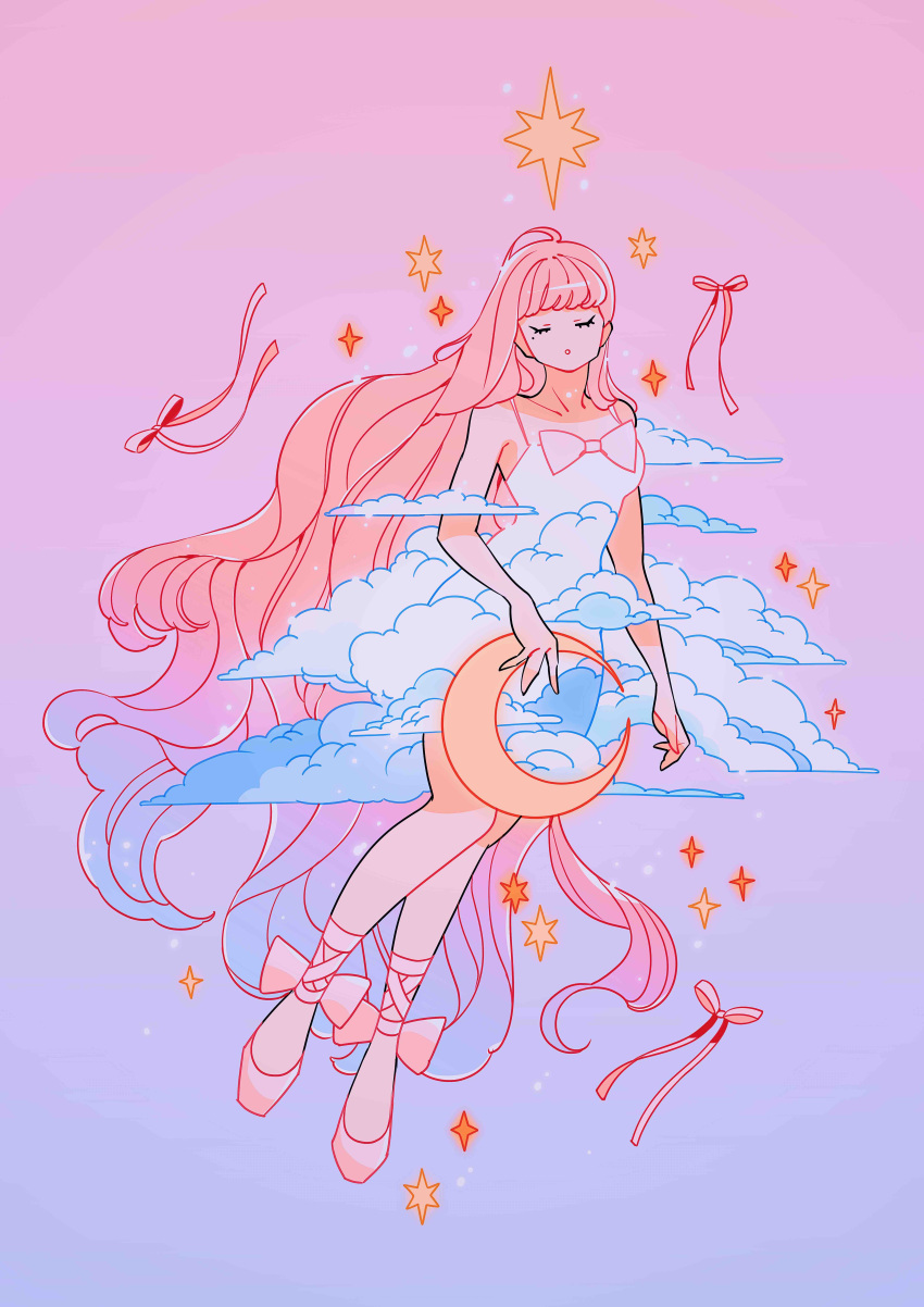 1girl absurdly_long_hair absurdres bare_legs blue_hair bow closed_eyes clouds crescent_moon dress floating full_body gradient_hair highres holding long_hair meyoco mole mole_under_mouth moon multicolored_hair no_nose original pink_bow pink_footwear pink_hair pink_ribbon ribbon shoes solo sparkle very_long_hair white_dress