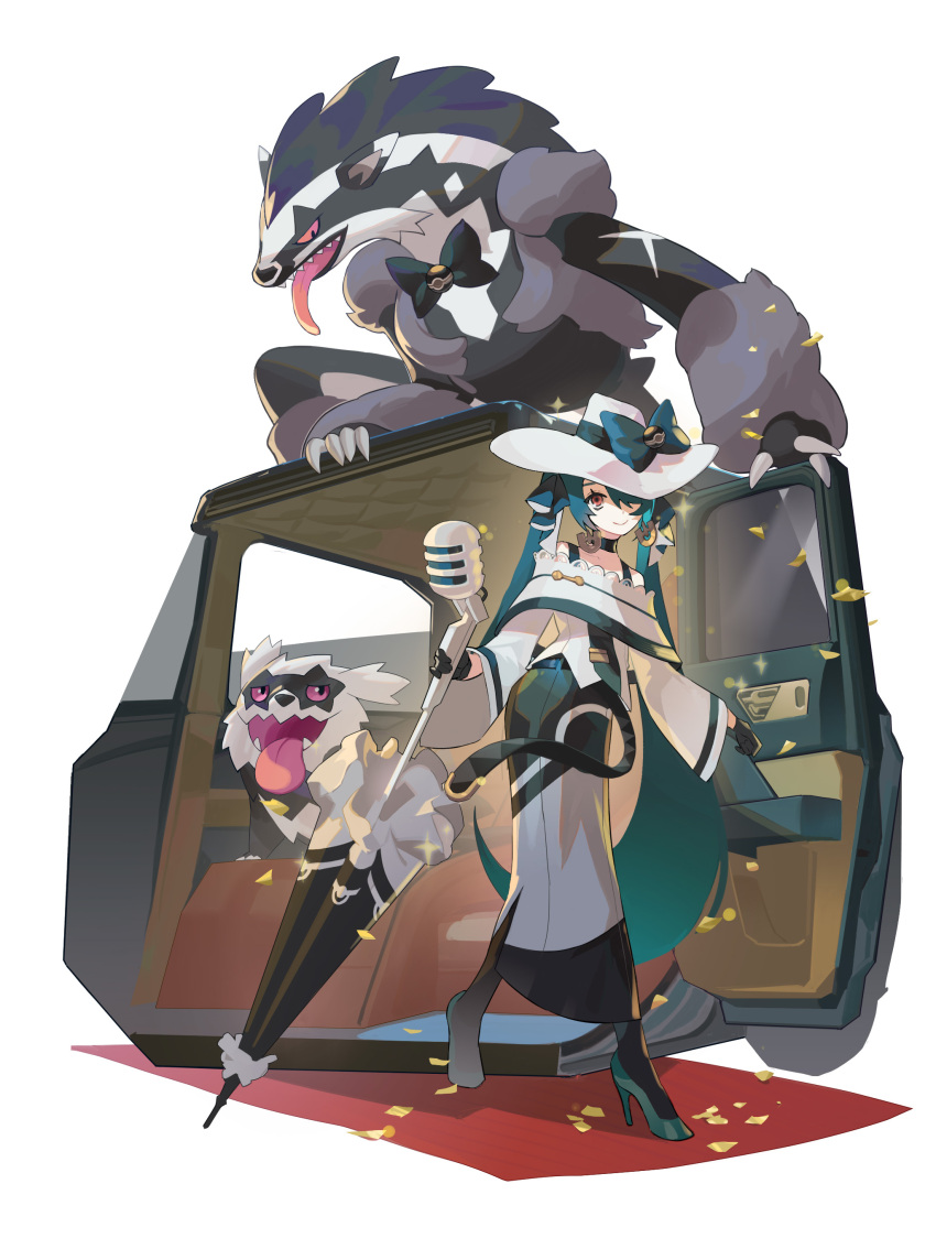 1girl absurdres bare_shoulders black_gloves bow claws dark_green_hair dark_miku_(project_voltage) earrings galarian_zigzagoon gloves hair_over_one_eye hat hat_bow hatsune_miku highres holding holding_microphone jewelry long_sleeves looking_at_viewer luxury_ball microphone obstagoon open_door poke_ball pokemon pokemon_(creature) project_voltage qingpu_liang red_eyes smile tongue tongue_out twintails umbrella uneven_twintails vocaloid