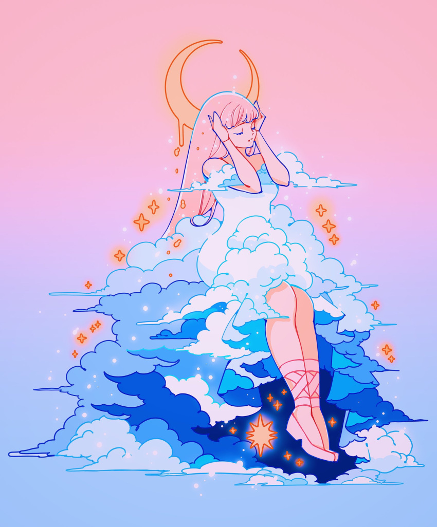 1girl arms_up bare_shoulders blue_background closed_eyes clouds crescent_moon dress gradient_background highres long_hair meyoco moon original pink_background pink_footwear pink_hair purple_background shoes solo sparkle white_dress wide_shot