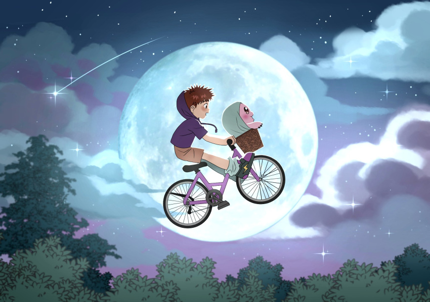 1boy 1other bicycle black_eyes brown_eyes brown_hair brown_shorts clouds digimon digimon_(creature) e.t. flying from_side full_moon highres hood hoodie izumi_koushirou mochimon moon night night_sky outdoors parody purple_hoodie riding riding_bicycle roseepdl2 shoes short_hair shorts sky tree