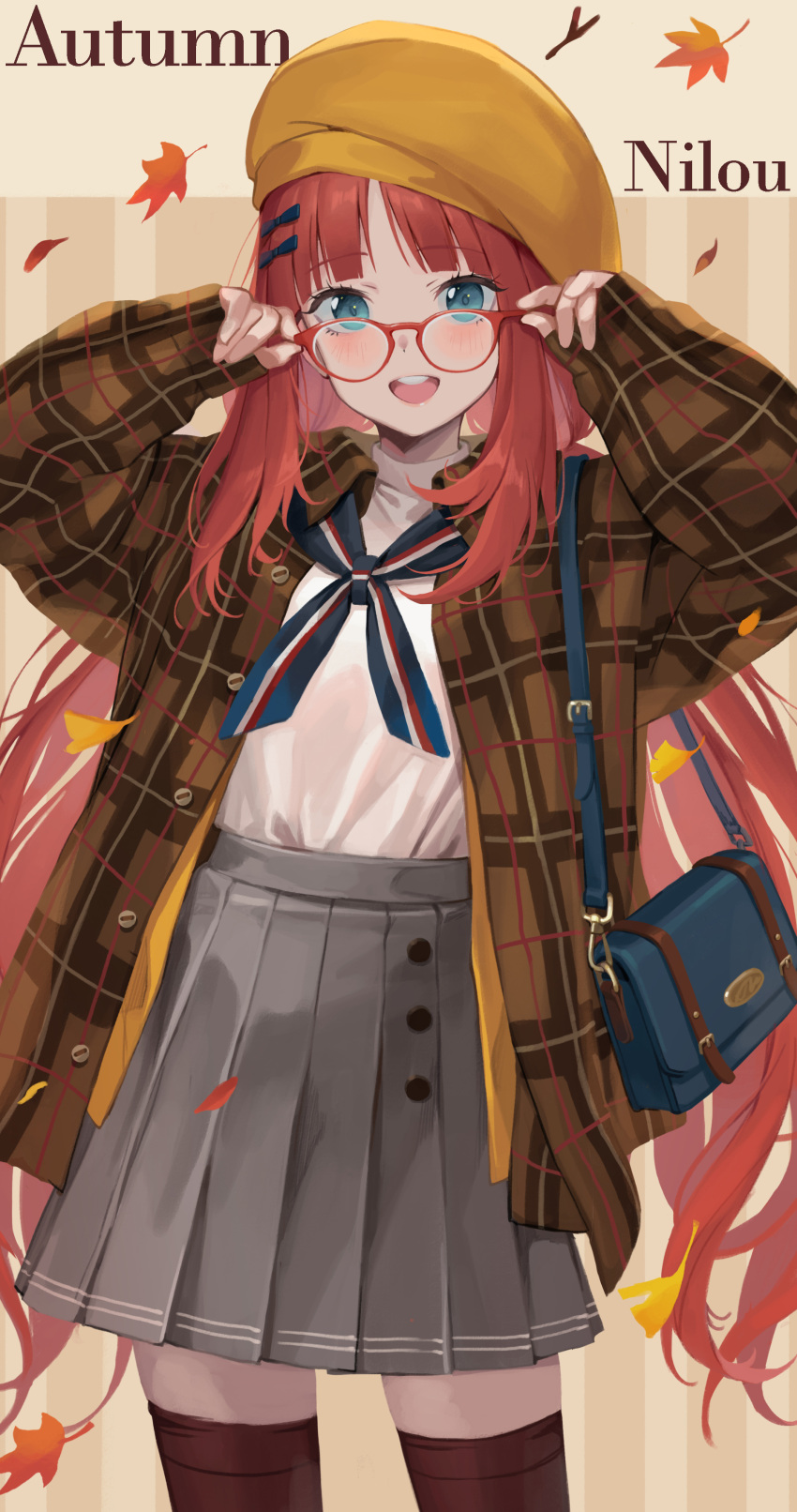 absurdres alternate_costume autumn autumn_leaves blue_eyes genshin_impact glasses grey_skirt highres jacket long_hair low_twintails m2_(guvn5745) multicolored_clothes multicolored_scarf nilou_(genshin_impact) plaid plaid_jacket pleated_skirt redhead scarf school_uniform shirt simple_background skirt thigh-highs twintails very_long_hair white_shirt