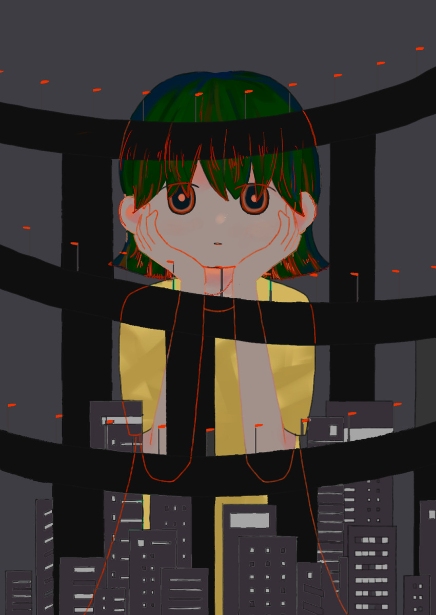 1girl arm_support building city cityscape dress expressionless hand_on_own_cheek hand_on_own_face highres kaigara_chan lamppost looking_at_viewer night original see-through_silhouette short_hair solo town yellow_dress