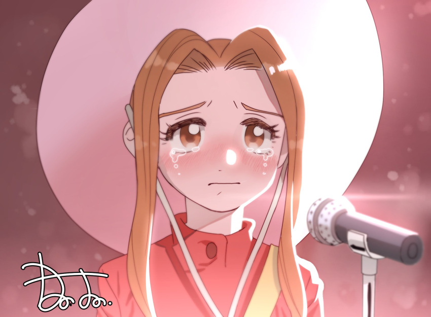 1girl brown_eyes brown_hair crying crying_with_eyes_open digimon hat highres long_hair looking_at_viewer microphone red_shirt roseepdl2 shirt signature solo tachikawa_mimi tears watermark