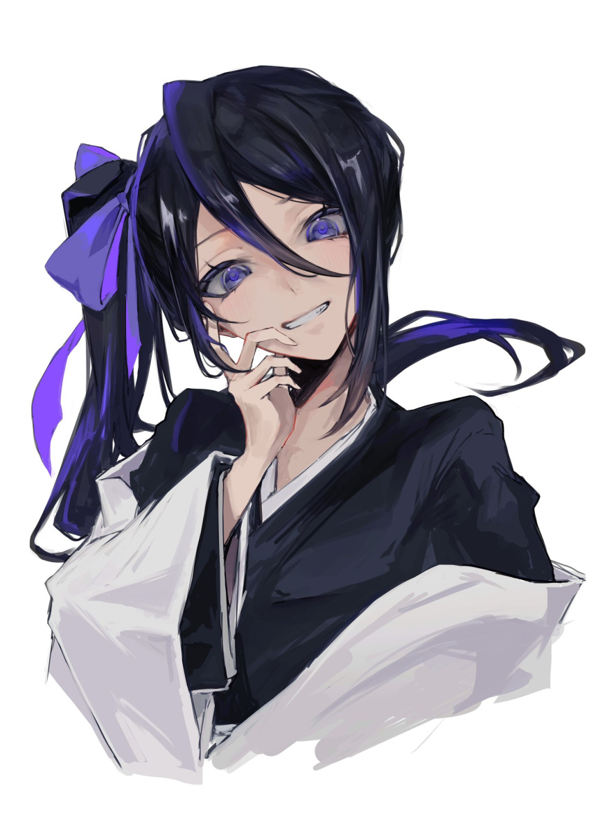 1girl black_hair black_kimono bleach bleach:_the_thousand-year_blood_war blue_bow blue_eyes bow commentary_request eyebrows_hidden_by_hair eyelashes finger_to_cheek floating_hair grin hair_between_eyes hair_bow hand_up haori head_tilt highres japanese_clothes kimono kuchiki_rukia long_hair long_sleeves looking_at_viewer off_shoulder side_ponytail simple_background smile solo ui_1231 upper_body white_background wide_sleeves