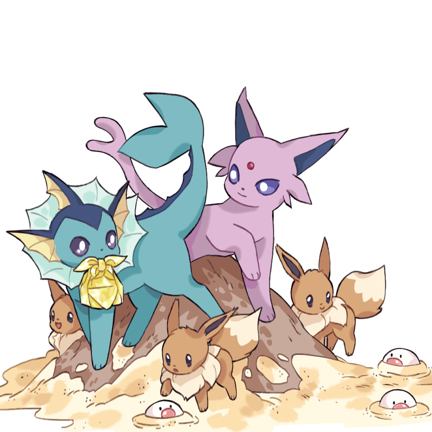 :d :o bright_pupils brown_eyes closed_mouth commentary eevee english_commentary espeon forehead_jewel furoshiki looking_at_another looking_down mjoyart mouth_hold no_humans open_mouth pokemon pokemon_(creature) rock sand simple_background smile through_ground vaporeon violet_eyes white_background white_pupils wiglett