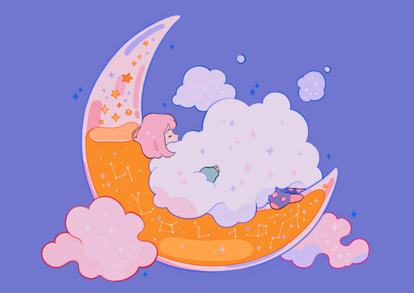 1girl absurdres closed_eyes clouds constellation covered_mouth crescent crescent_moon from_side highres liquid long_sleeves lying medium_hair meyoco moon on_back on_crescent original pink_hair purple_background simple_background sleeping socks solo sparkle star_(symbol) transparent