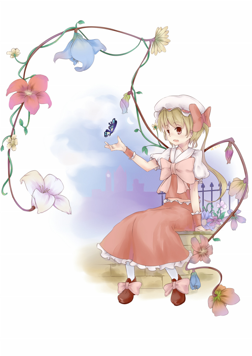 1girl adapted_costume alternate_wings blonde_hair blue_butterfly blue_flower bow bowtie bug butterfly clock clock_tower fence flandre_scarlet flower flower_wings footwear_bow frilled_skirt frills full_body hat hat_bow hat_ribbon highres huge_bowtie iron_fence keyfanjun long_hair long_skirt looking_at_animal one_side_up orange_flower outdoors pink_bow pink_bowtie puffy_short_sleeves puffy_sleeves purple_flower red_bow red_eyes red_flower red_footwear red_ribbon red_skirt red_vest ribbon scarlet_devil_mansion shirt shoes short_sleeves sitting skirt skirt_set socks solo stairs stone_stairs touhou tower vest white_flower white_headwear white_shirt white_socks wings wrist_cuffs