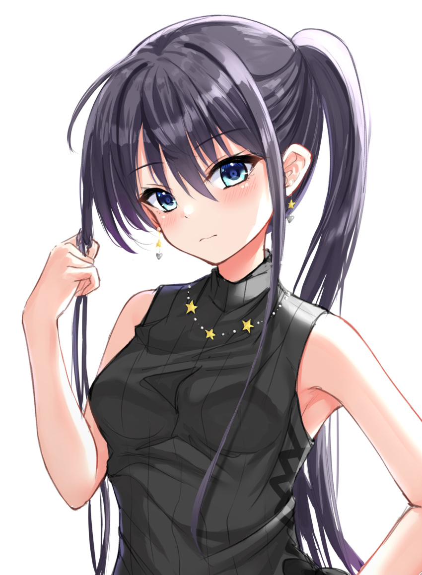 1girl 3: alternate_costume alternate_hairstyle bare_arms black_hair blue_eyes blush breasts closed_mouth commentary_request earrings eyelashes eyes_visible_through_hair floral_flowlove frown hair_between_eyes hand_on_own_hip hand_up highres jewelry long_hair looking_at_viewer medium_breasts ncontrail_(mgax7527) necklace playing_with_hair ponytail ribbed_sweater sidelocks sleeveless solo star_(symbol) star_earrings star_necklace straight_hair sweater tokisaka_nanao tsurime upper_body very_long_hair