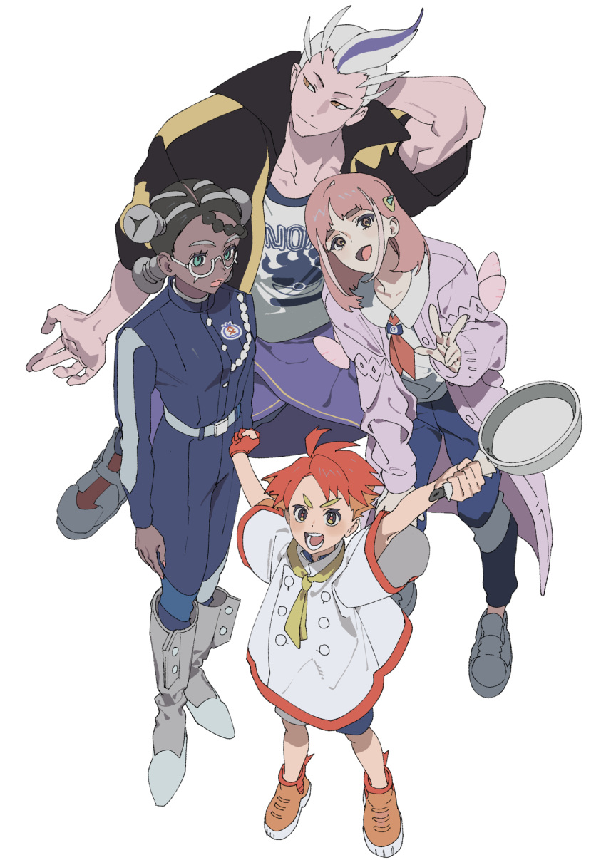 2boys 2girls :d amarys_(pokemon) blue_pants boots buttons closed_mouth commentary_request crispin_(pokemon) dark-skinned_female dark_skin drayton_(pokemon) frying_pan glasses grey_footwear hair_ornament hairclip highres holding holding_frying_pan jacket kichi_(onkrkgk) lacey_(pokemon) long_sleeves looking_at_viewer multiple_boys multiple_girls neckerchief open_clothes open_jacket open_mouth orange_footwear pants pokemon pokemon_(game) pokemon_sv shirt shoes short_hair shorts sidelocks smile standing tongue w yellow_neckerchief