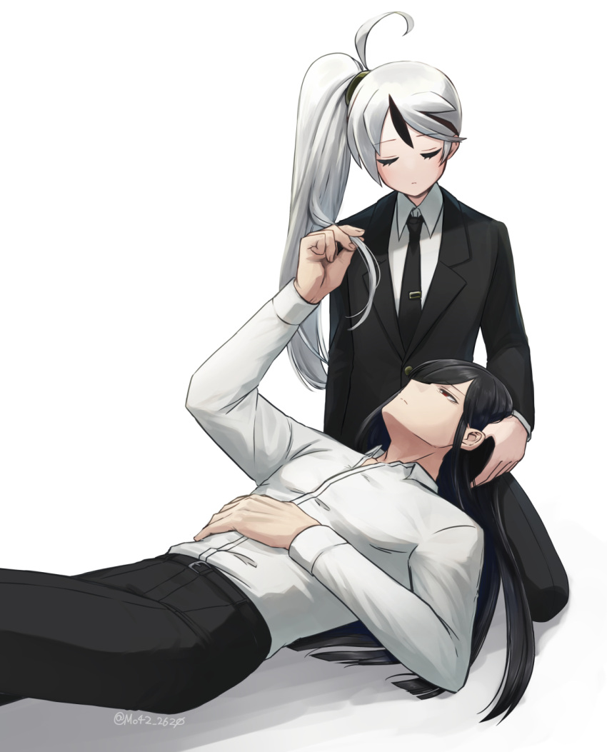 2boys ahoge black_necktie black_pants closed_eyes closed_mouth collared_shirt esther_(library_of_ruina) highres holding_another's_hair lap_pillow library_of_ruina long_sleeves lying moribe_denkou multicolored_hair multiple_boys necktie on_back pants project_moon red_eyes seiza shirt simple_background sitting streaked_hair tie_clip white_background white_hair white_shirt yan_vismok