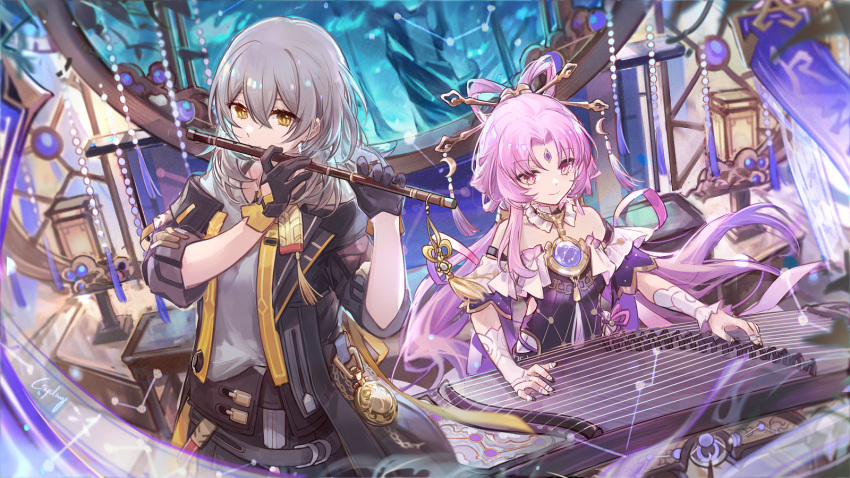 2girls artist_name bare_shoulders black_gloves black_jacket csyday english_commentary forehead_jewel fu_xuan_(honkai:_star_rail) gloves hair_ornament hair_stick highres holding holding_instrument honkai:_star_rail honkai_(series) instrument jacket long_hair looking_at_viewer medium_hair multiple_girls music open_clothes open_jacket parted_bangs pink_hair playing_instrument shirt stelle_(honkai:_star_rail) trailblazer_(honkai:_star_rail) twintails upper_body white_shirt yellow_eyes
