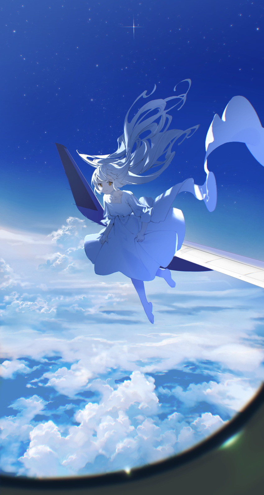1girl above_clouds absurdres aircraft airplane airplane_interior barefoot blush brown_eyes closed_mouth clouds cloudy_sky collarbone day dress floating floating_hair full_body highres ka_4maki long_hair long_sleeves looking_at_viewer night night_sky original scenery short_sleeves skirt_hold sky smile solo star_(sky) starry_sky very_long_hair white_background white_dress white_hair window