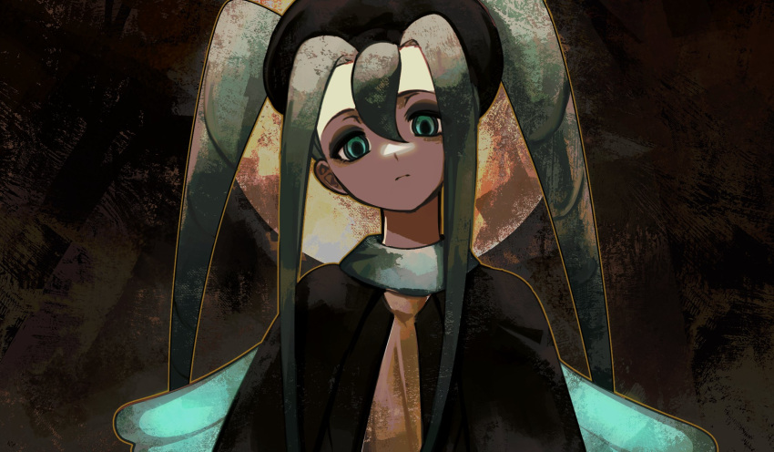 1girl black_dress black_headwear blue_wings brown_background bug_miku_(project_voltage) butterfly_wings closed_mouth commentary dress english_commentary expressionless eyeshadow fake_wings frown green_eyes green_hair grey_eyeshadow hair_between_eyes hat hatsune_miku highres long_hair looking_at_viewer makeup necktie orange_necktie pokemon poursuu project_voltage solo twintails upper_body vocaloid wings