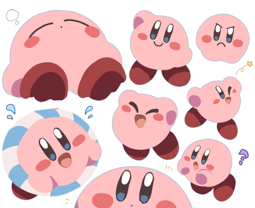 ? angry blush_stickers closed_mouth confused dot_mouth happy innertube kirby kirby_(series) multiple_views no_humans one_eye_closed open_mouth roku_(rokkrn) sleeping star_(symbol) striped_innertube waving white_background