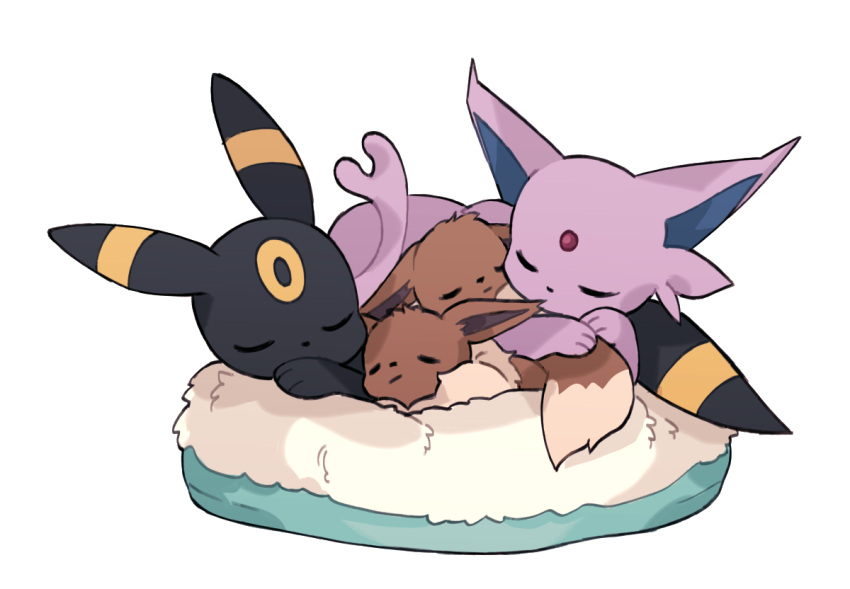 closed_eyes closed_mouth commentary ears_down eevee english_commentary espeon forehead_jewel mjoyart no_humans pet_bed pokemon pokemon_(creature) simple_background sleeping umbreon white_background