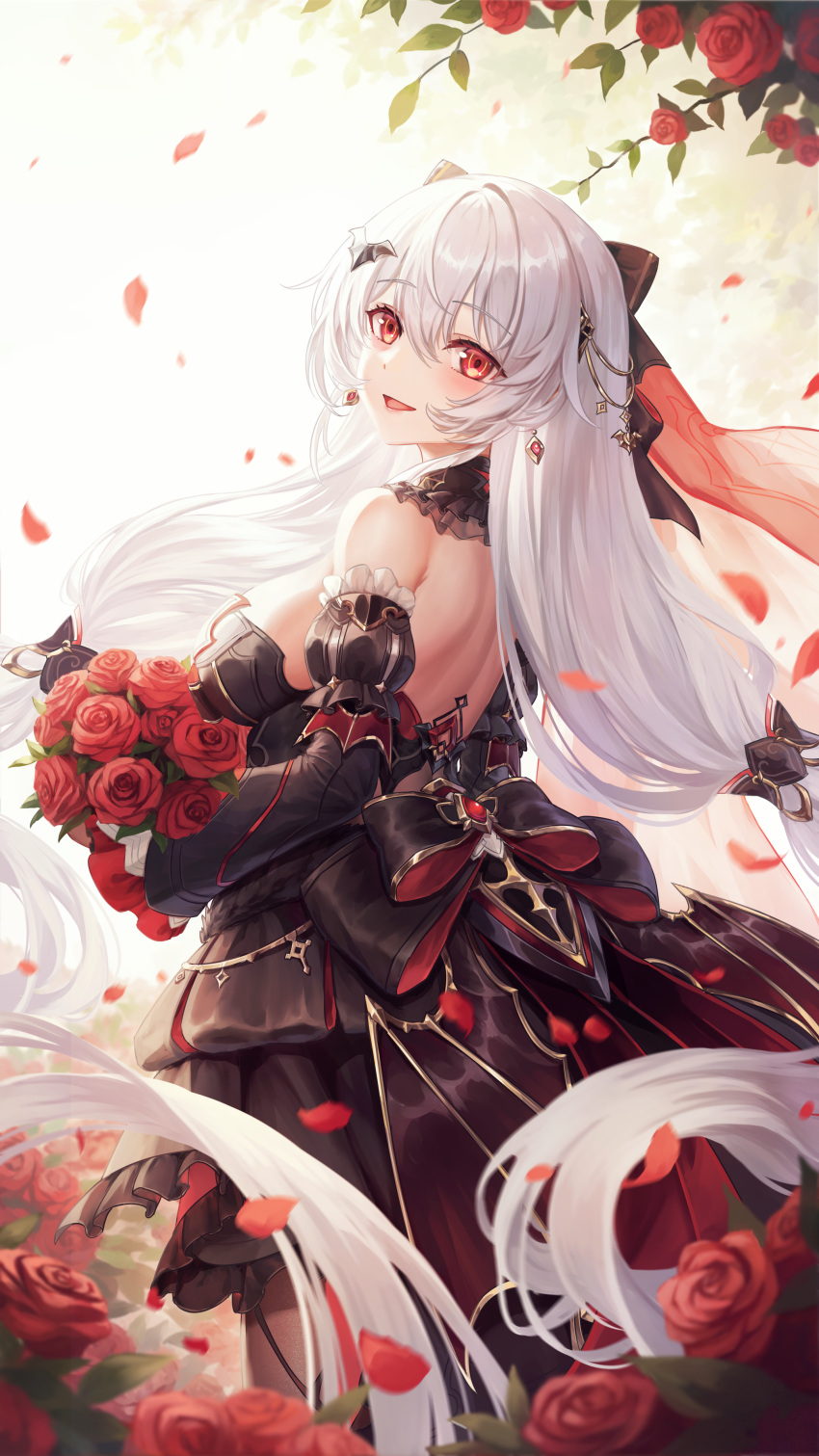 1girl absurdres bare_shoulders black_dress black_sleeves blush bouquet chinese_commentary detached_sleeves dress earrings flower hair_between_eyes highres holding holding_bouquet honkai_(series) honkai_impact_3rd jewelry long_hair long_sleeves looking_at_viewer luna_(honkai_impact) maoh_yueer open_mouth red_eyes red_flower red_rose rose second-party_source solo theresa_apocalypse theresa_apocalypse_(lunar_vow:_crimson_love) white_hair
