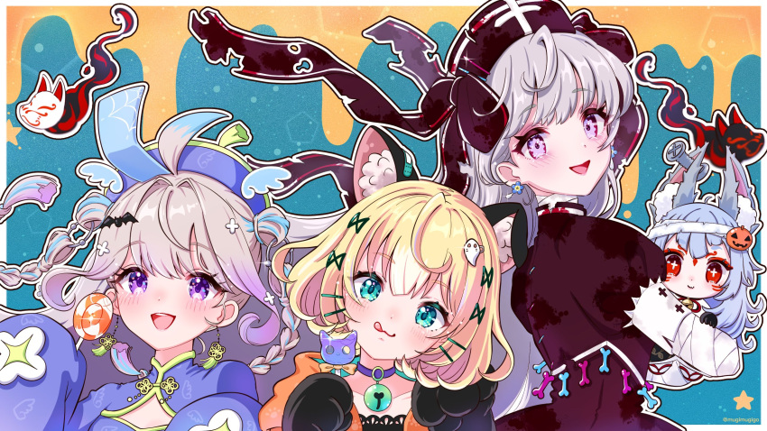 4girls :3 :p ahoge animal_ear_fluff animal_ears animal_hands aqua_eyes bandaged_head bandages bat_hair_ornament bell blonde_hair blood blood_stain blue_hair blush braid candy carrying carrying_person cat_ears cat_paws chibi china_dress chinese_clothes choker cleavage_cutout clothing_cutout cross-shaped_pupils dress earrings english_commentary enna_alouette ethyria facial_mark fang flower_earrings food food-themed_hair_ornament fox_ears ghost_hair_ornament grey_hair hair_ornament hairclip hairpin halloween_costume happy_anniversary hat highres holding holding_candy holding_food holding_lollipop jewelry jiangshi_costume jingle_bell lollipop long_hair looking_at_viewer millie_parfait mugimugigo multicolored_hair multiple_girls nijisanji nijisanji_en nina_kosaka nose_blush ofuda ofuda_on_clothes open_mouth pink_eyes pumpkin_hair_ornament purple_choker qing_guanmao red_eyes reimu_endou sandals screw short_hair skin_fang sleeves_past_fingers sleeves_past_wrists spirit star_(symbol) symbol-shaped_pupils tassel tongue tongue_out twitter_username violet_eyes