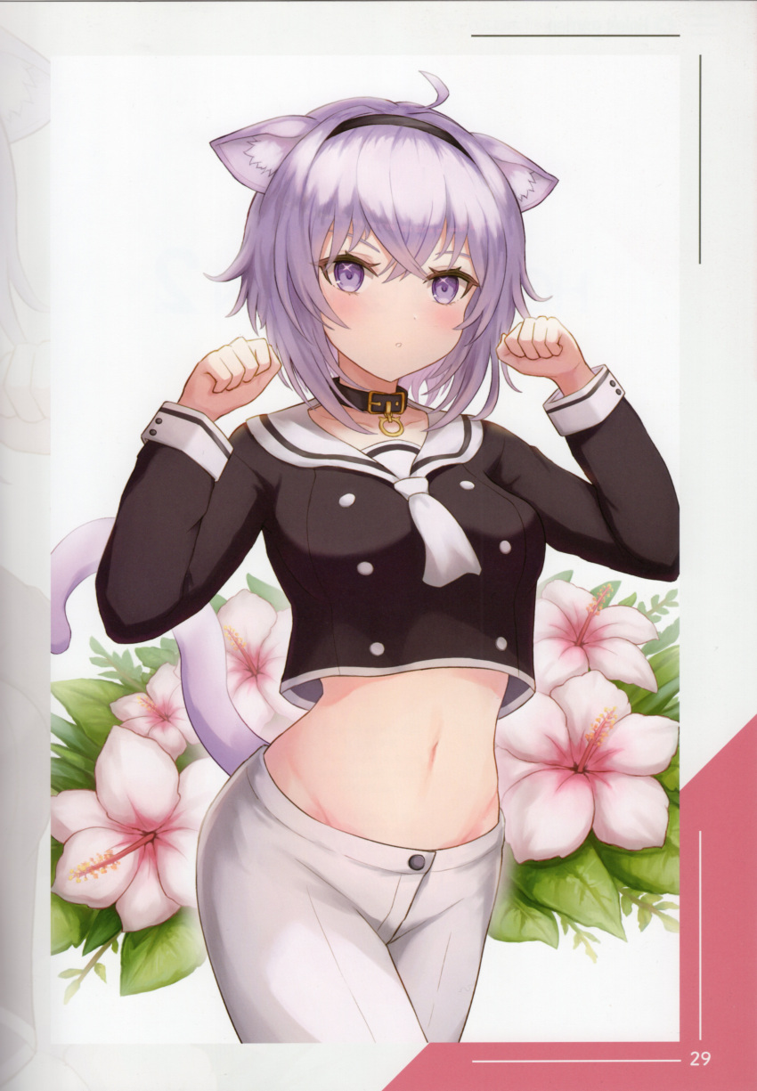 1girl absurdres ahoge animal_ears blush breasts buttons cat_ears cat_girl cat_tail clenched_hands collar collarbone floral_background flower hair_ornament hairband hands_up hibiscus highres hololive long_sleeves looking_at_viewer midriff navel nekomata_okayu nekomata_okayu_(3rd_costume) official_alternate_costume oridays pants parted_lips purple_hair scan short_hair simple_background small_breasts solo stomach tail violet_eyes virtual_youtuber white_pants