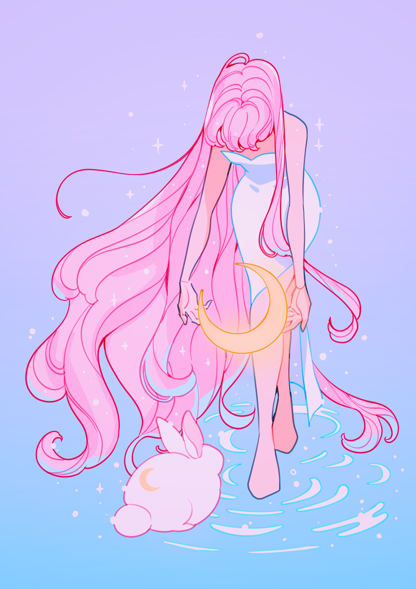 1girl absurdly_long_hair absurdres bare_shoulders barefoot blue_background crescent dress full_body glowing gradient_background highres long_hair meyoco original pink_hair purple_background ripples solo standing strapless strapless_dress very_long_hair white_dress white_rabbit_(animal)