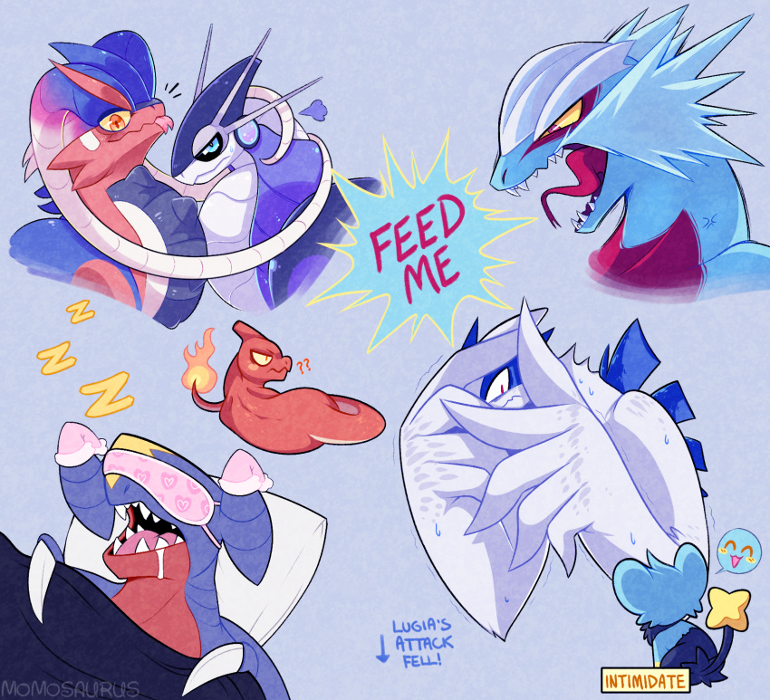 :3 :d =3 ? anger_vein animal_focus arrow_(symbol) artist_name black_sclera blanket blush_stickers charmeleon closed_mouth colored_sclera constricted_pupils covering_face english_text fire flinch gameplay_mechanics garchomp grey_background happy_aura hat highres hug koraidon lugia lying miraidon momosaurus motion_lines night_clothes nightcap no_humans notice_lines on_back on_side open_mouth orange_eyes pillow pokemon pokemon_(creature) prehensile_hair roaring_moon saliva scared sharp_teeth shinx shouting simple_background sleep_mask sleeping small_pupils smile speech_bubble spoken_blush sweatdrop teeth tendril tongue tongue_out trembling under_covers uwu violet_eyes yellow_sclera zzz