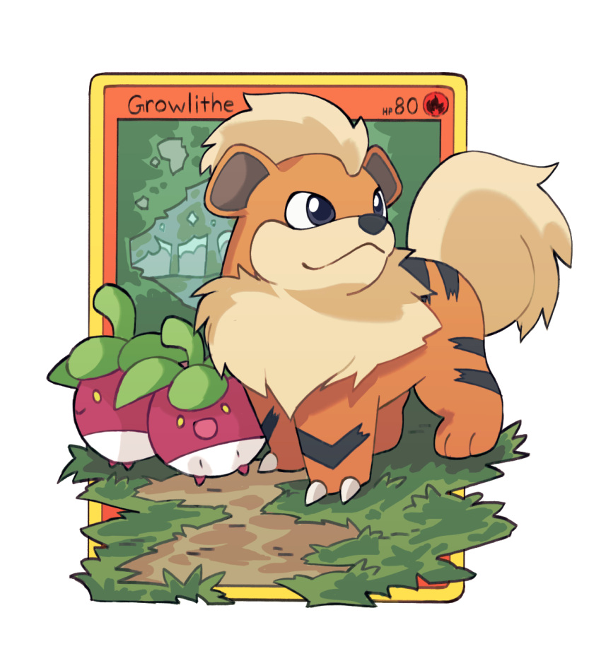 :d black_eyes bounsweet card character_name claws closed_mouth commentary english_commentary forest grass growlithe highres mjoyart nature no_humans open_mouth path pokemon pokemon_(creature) pokemon_card pokemon_tcg simple_background smile tree white_background yellow_eyes