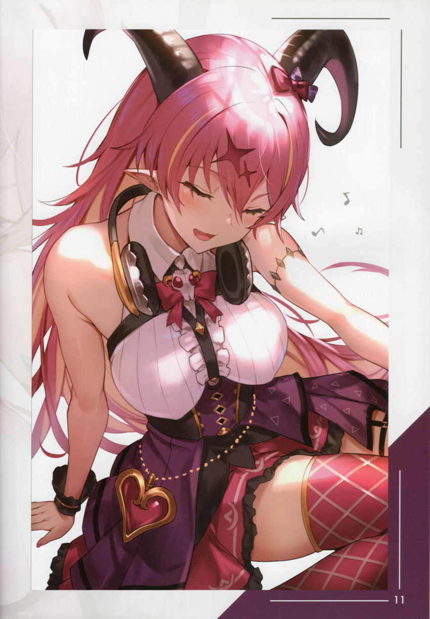 1girl absurdres arm_support armlet bare_shoulders blonde_hair blush breasts closed_eyes curled_horns demon_girl demon_horns dress frills gold_trim hair_ornament headphones headphones_around_neck highres hololive horns kakage long_hair mano_aloe medium_breasts multicolored_hair musical_note open_mouth page_number pink_hair pointy_ears ribbon scan short_dress simple_background sitting sleeveless smile thighs virtual_youtuber wrist_cuffs
