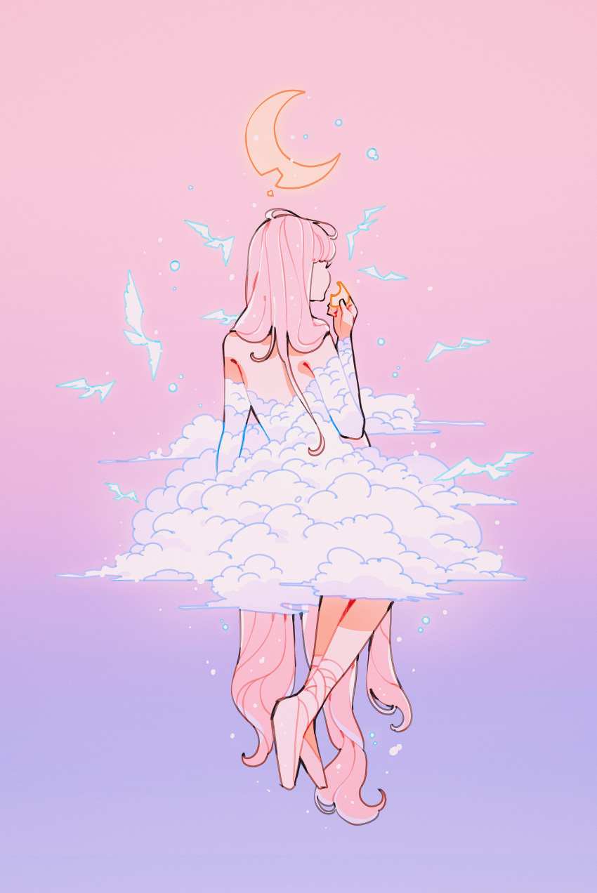 1girl absurdly_long_hair absurdres bare_shoulders bird cloud_clothes crescent_moon dress from_behind full_body gradient_background hand_up highres long_hair meyoco moon original pink_background pink_footwear pink_hair purple_background shoes solo very_long_hair white_bird white_dress