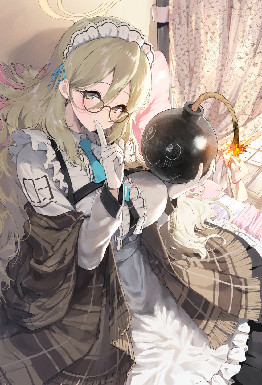 1girl absurdres akane_(blue_archive) black-framed_eyewear blonde_hair blue_archive bomb brown_shawl curtains explosive finger_to_mouth frills gloves hair_between_eyes halo harness highres light_brown_hair long_hair maid maid_headdress midnamana necktie shawl smile solo very_long_hair window