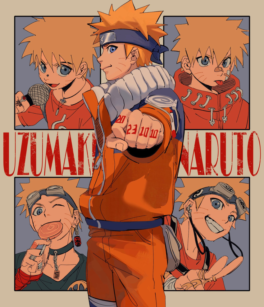 1boy abanovo blonde_hair blue_eyes candy child choker commentary dated_commentary english_text facial_mark food forehead_protector highres lollipop looking_at_viewer male_focus microphone naruto naruto_(series) one_eye_closed open_mouth short_hair solo spiky_hair symbol-only_commentary tongue tongue_out uzumaki_naruto whisker_markings