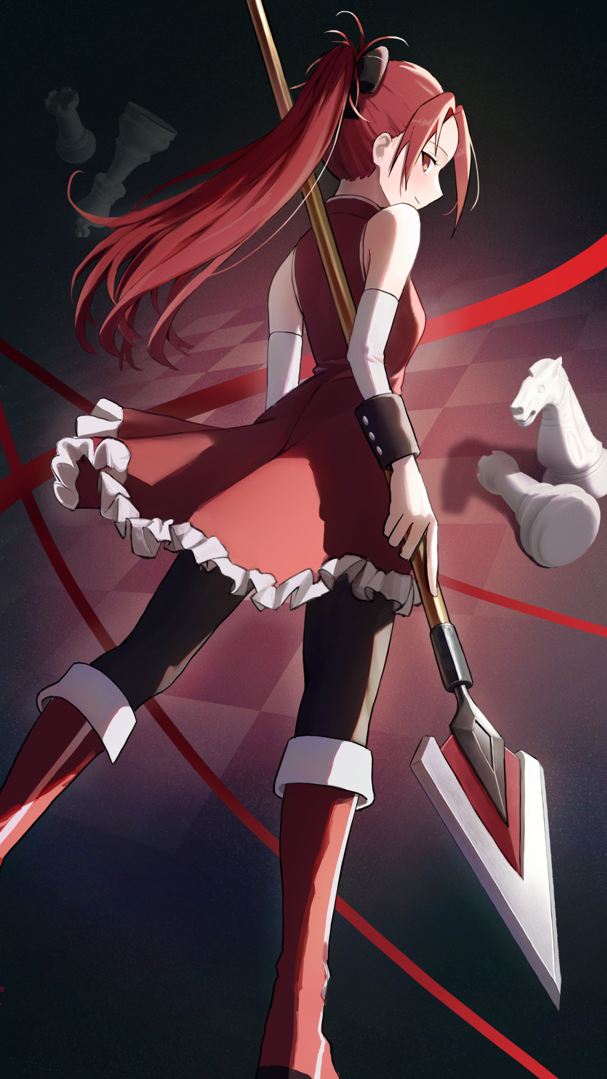 1girl absurdres black_bow boots bow checkered_background chess_piece feet_out_of_frame from_behind full_body hair_bow highres holding holding_polearm holding_weapon knee_boots long_hair looking_at_viewer looking_back mahou_shoujo_madoka_magica mahou_shoujo_madoka_magica_(anime) nyanko960121 polearm ponytail red_eyes red_footwear red_ribbon redhead ribbon sakura_kyoko solo weapon zettai_ryouiki