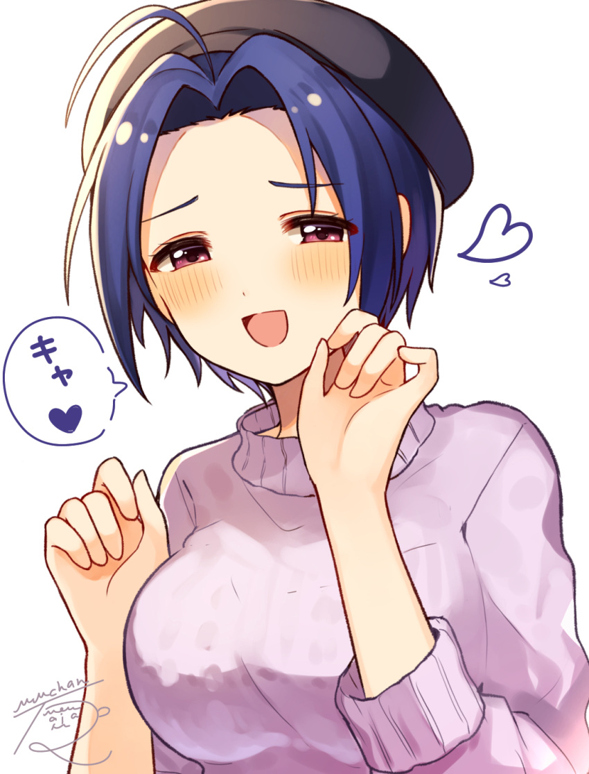 1girl ahoge beret black_headwear blue_hair blush breasts forehead half-closed_eyes hat heart highres idolmaster idolmaster_(classic) idolmaster_million_live! large_breasts looking_at_viewer miura_azusa mmmakaron888 purple_sweater red_eyes short_hair simple_background smile solo speech_bubble sweater upper_body white_background