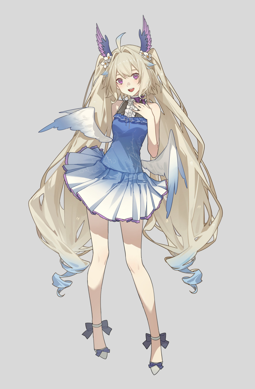 1girl absurdres ahoge bare_shoulders blonde_hair blue_dress blush bow breasts dress enna_alouette flower footwear_bow grey_background hair_flower hair_ornament hand_on_own_chest head_wings highres lai_dou_laile_555 looking_at_viewer multicolored_hair nijisanji nijisanji_en open_mouth simple_background small_breasts smile solo twintails two-tone_hair violet_eyes wings