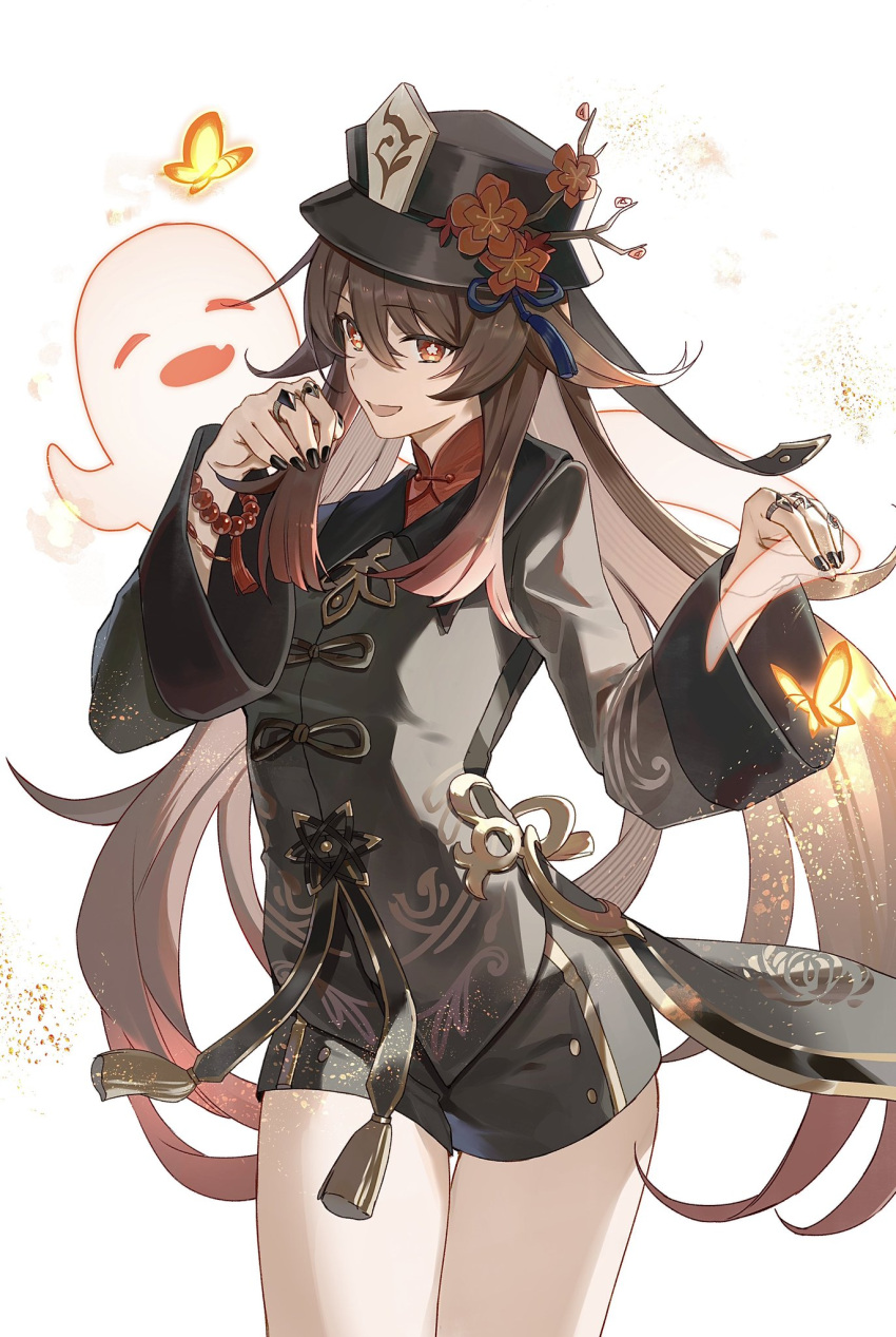 1girl black_dress black_headwear black_nails brown_eyes brown_hair bug butterfly dress fingernails flower flower-shaped_pupils flower_hat genshin_impact ghost hair_between_eyes hat highres hoshi_rasuku hu_tao_(genshin_impact) jewelry long_hair long_sleeves looking_at_viewer multiple_rings nail_polish open_mouth plum_blossoms red_flower ring solo symbol-shaped_pupils thighs white_background