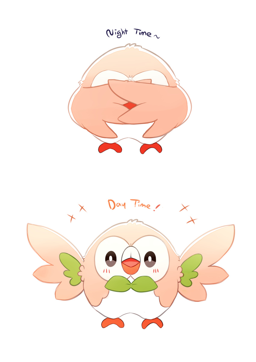 absurdres animal animal_focus beak bird blush bow bowtie brown_feathers covering_face feathers green_bow green_bowtie happy_aura highres o_o owl pokemon pokemon_(creature) rowlet sob_0 spread_wings talons white_feathers