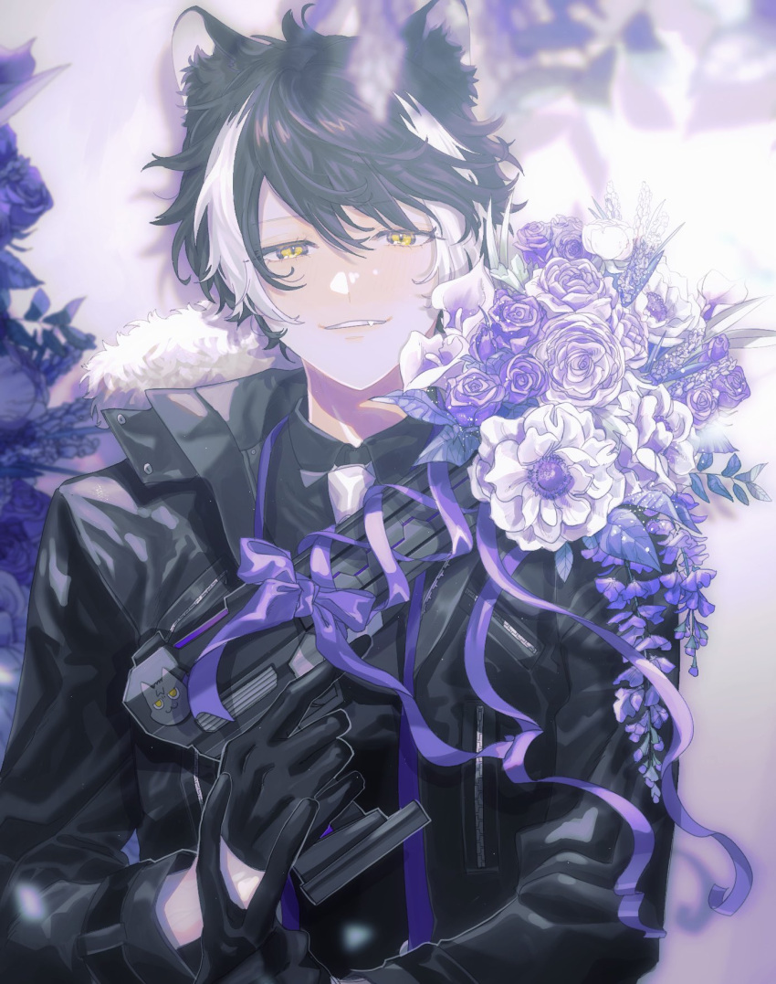 1boy anemone_(flower) animal_ears black_coat black_gloves black_hair black_shirt black_vest blurry bouquet calla_lily coat depth_of_field fangs flower fur-trimmed_coat fur_trim gloves grin gun hair_between_eyes half-closed_eye half_gloves hand_up handgun highres holding holding_bouquet holding_gun holding_weapon holostars jackal_boy jackal_ears kageyama_shien lavender_(flower) light_blush looking_at_viewer male_focus momiage_40 multicolored_hair necktie open_clothes open_coat purple_flower purple_ribbon purple_rose ribbon rose shadow shirt short_hair smile solo stole trigger_discipline two-tone_hair upper_body v vest virtual_youtuber weapon white_flower white_hair white_necktie wisteria yellow_eyes