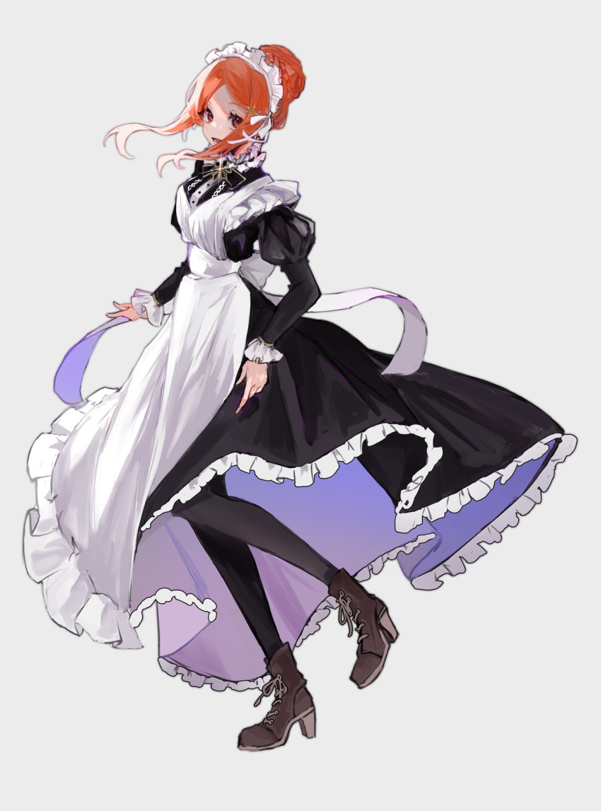 1girl :d alternate_costume apron arms_at_sides black_dress black_footwear black_pantyhose bleach boots brown_eyes choker commentary_request dress enmaided eyelashes floating_hair frilled_apron frilled_choker frilled_sleeves frills full_body grey_background hair_bun hair_ornament hairclip highres inoue_orihime juliet_sleeves long_hair long_sleeves looking_at_viewer maid maid_apron maid_headdress open_mouth orange_hair pantyhose parted_bangs puffy_sleeves sidelighting simple_background single_hair_bun smile solo standing standing_on_one_leg ui_1231 white_apron