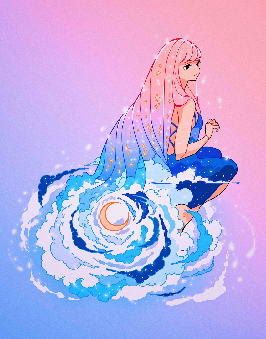 1girl absurdres bare_legs barefoot black_eyes blue_background blue_dress blue_hair clouds crescent_moon dress expressionless gradient_background gradient_hair highres long_hair meyoco moon multicolored_hair no_nose original pink_background pink_hair purple_hair sleeveless sleeveless_dress solo very_long_hair