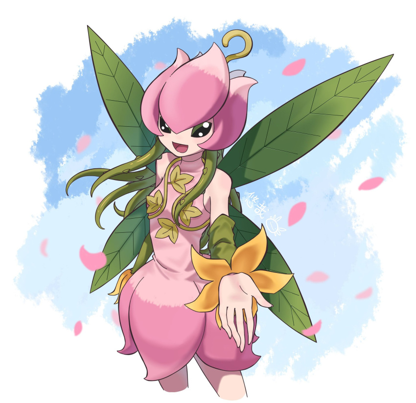 1girl detached_sleeves digimon digimon_(creature) dress falling_petals flower green_sleeves hair_vines highres leaf_wings lilimon looking_at_viewer monster_girl open_mouth petals pink_dress plant plant_girl solo upper_body youzaiyouzai112