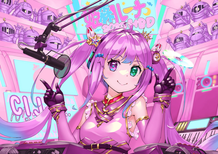 1girl ahoge candy_hair_ornament crazypen dress elbow_gloves food-themed_hair_ornament gloves green_eyes hair_ornament heterochromia himemori_luna hololive instrument keyboard_(instrument) long_hair looking_at_viewer luknight_(himemori_luna) microphone pink_dress pink_hair sidelocks sleeveless smile solo twintails violet_eyes virtual_youtuber